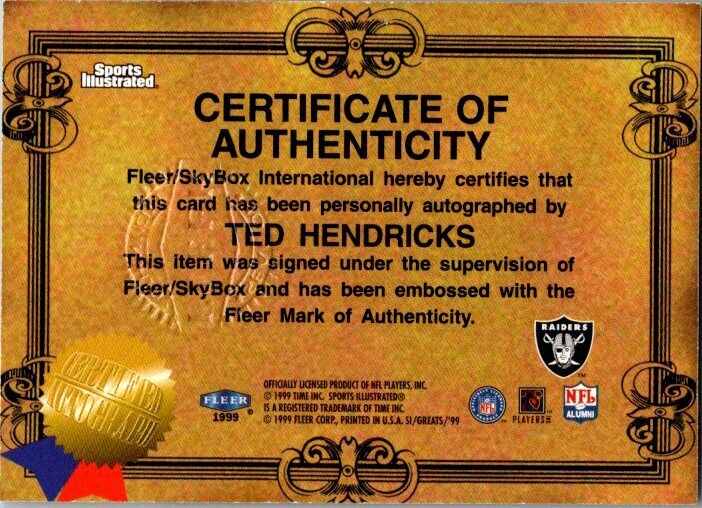 Ted Hendricks Oakland Raiders 1999 Fleer Sports illustrated Card Certified Graph