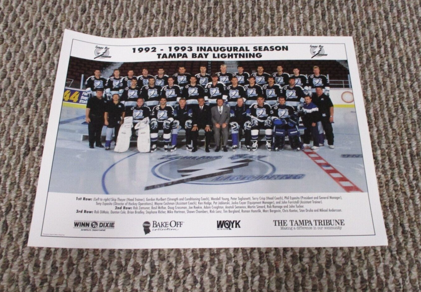 NHL Tampa Bay Lightning 1992-1993 Inaugural Year Team Photo 12x16