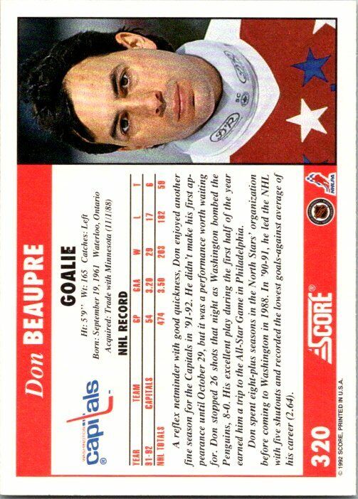 Don Beaupre Washington Capitals Hand Signed 1992-93 Score Hockey Card #320 NM-MT