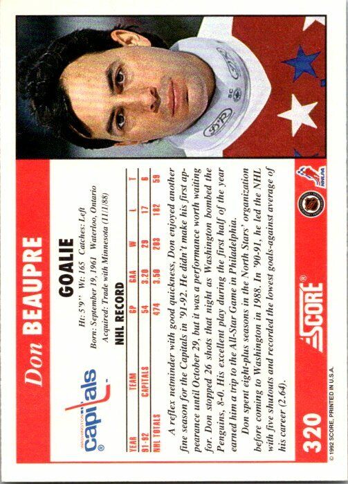 Don Beaupre Washington Capitals Hand Signed 1992-93 Score Hockey Card #320 NM-MT