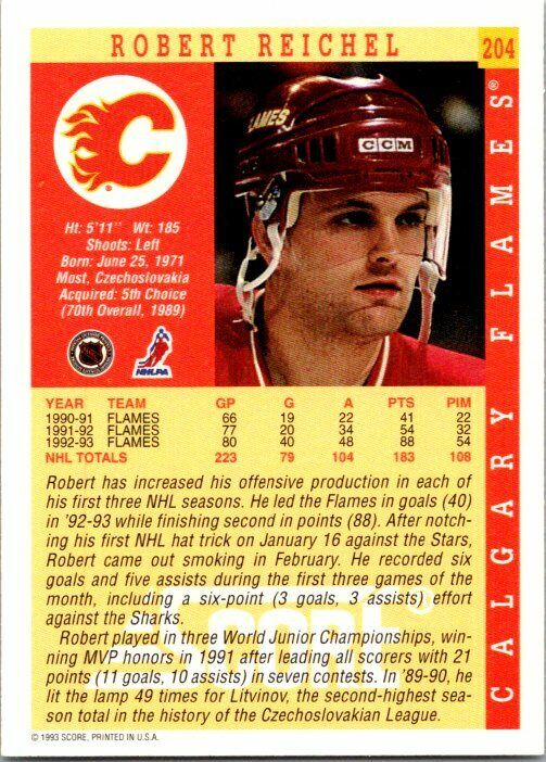 Robert Reichel Calgary Flames Hand Signed 1992-93 OPC Hockey Card #93 NM-MT