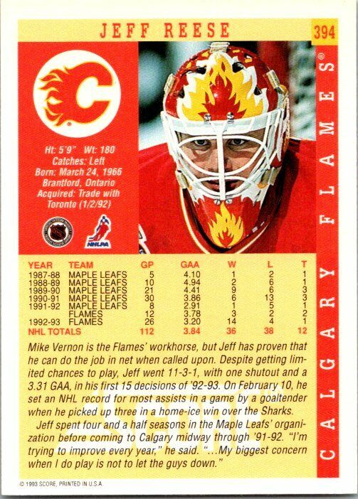 Jeff Reese Calgary Flames Hand Signed 1993-94 Score Hockey Card #394 NM-MT