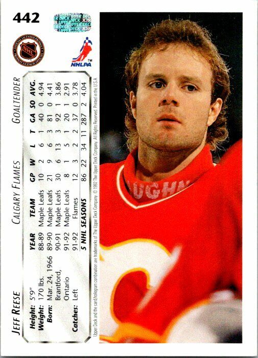 Jeff Reese Calgary Flames Hand Signed 1992-93 UD Hockey Card #442 NM-MT