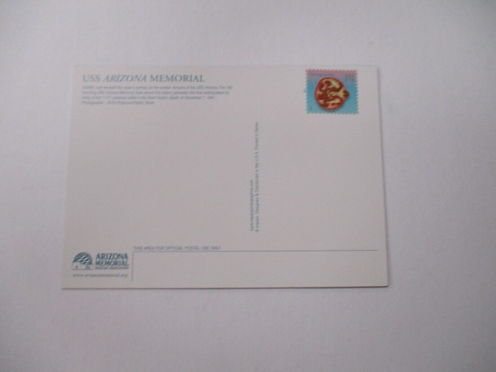 USS Arizona Memorial Postcard d with stamp on the back 27 cent