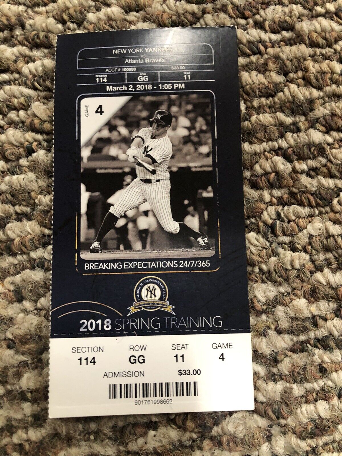 Russell Wilson Baseball DEBUT Yankees Ticket 1st game Spring 2018