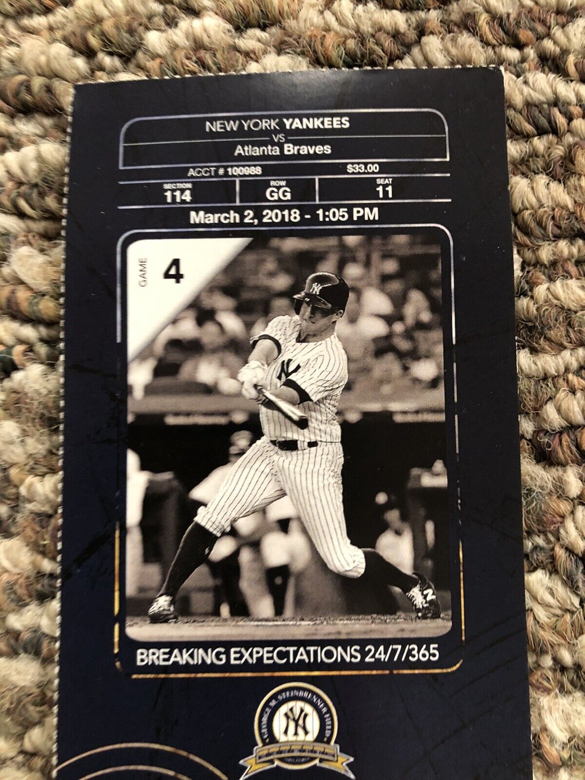 Russell Wilson Baseball DEBUT Yankees Ticket 1st game Spring 2018