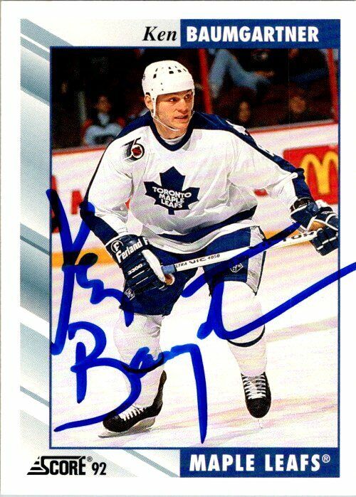 Ken Baumgartner Maple Leafs Hand Signed 1991-92 Score Hockey Card #35 NM-MT