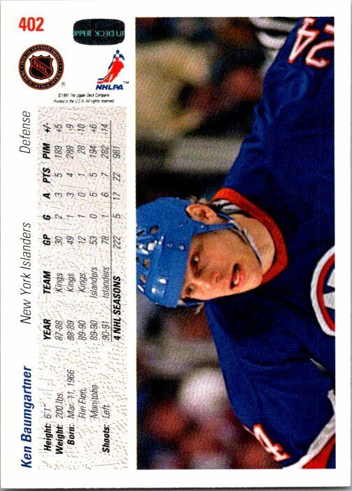 Ken Baumgartner Islanders Hand Signed 1991-92 UD Hockey Card #402 NM-MT