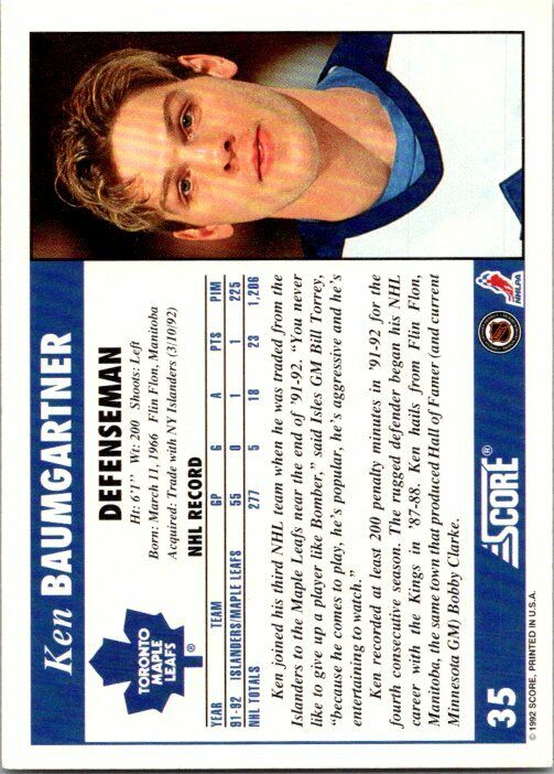 Ken Baumgartner Maple Leafs Hand Signed 1991-92 Score Hockey Card #35 NM-MT