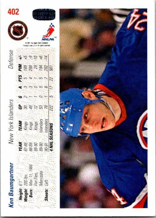 Ken Baumgartner Islanders Hand Signed 1991-92 UD Hockey Card #402 NM-MT