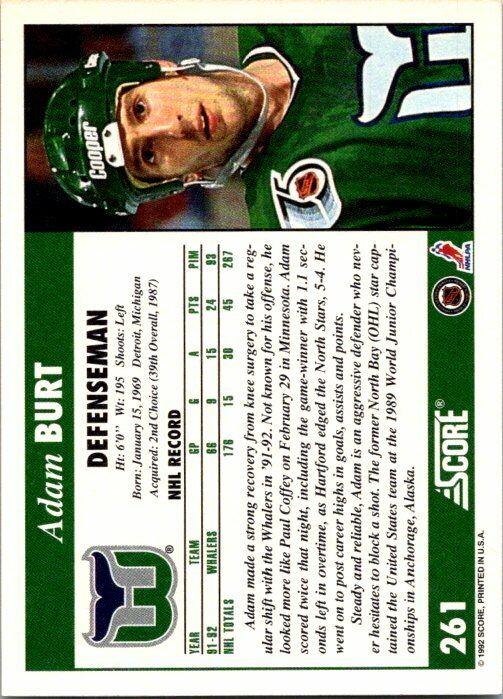 Adam Burt Hartford Whalers Hand Signed 1992-93 Score Hockey Card #261 NM-MT