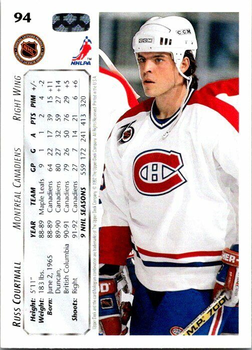 Russ Courtnall Montreal Canadiens Hand Signed 1992-93 UD Card #94 NM-MT