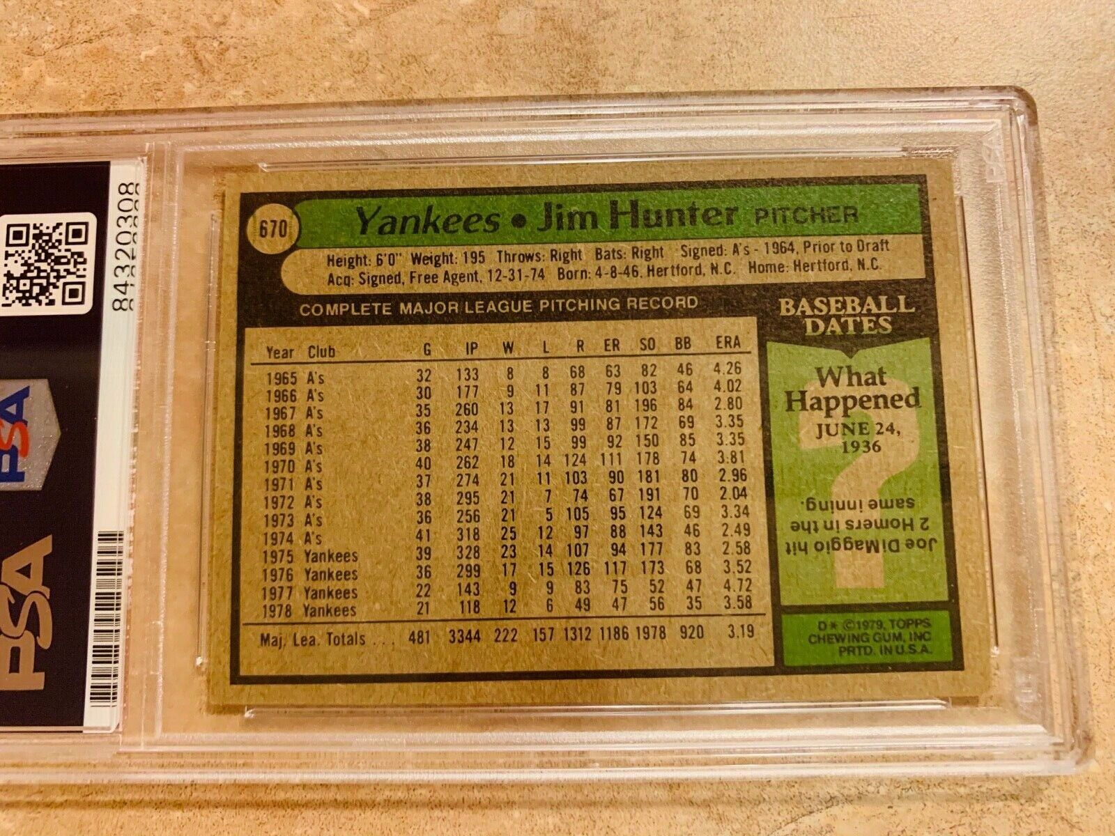 Jim Catfish Hunter Autographed 1979 Topps Baseball Card PSA Slabbed Certified