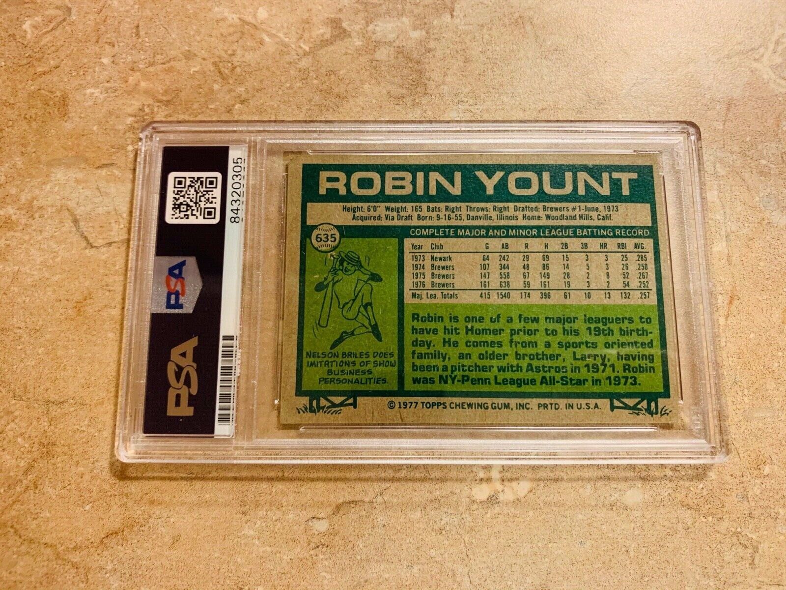 Robin Yount Autographed 1977 Topps Baseball Card #635 PSA Slabbed Certified