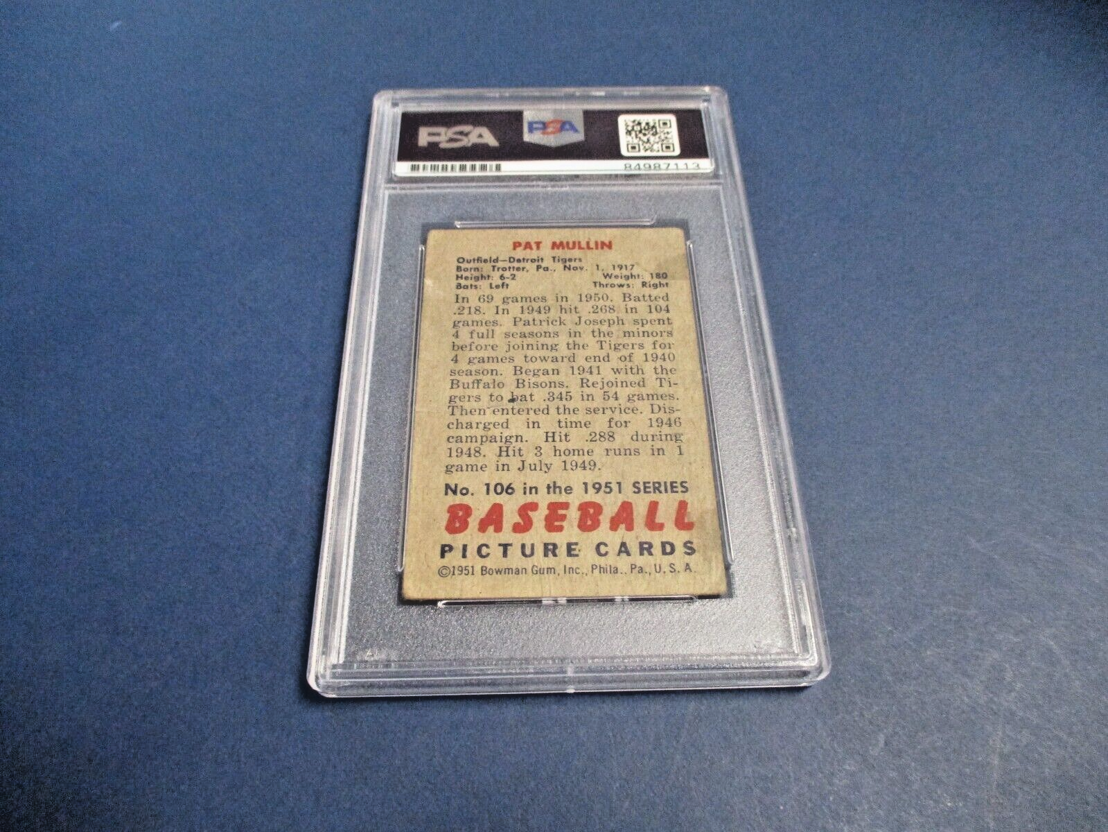 Pat Mullin Detroit Tigers Autographed Signed 1951 Bowman Card #106 PSA Slab