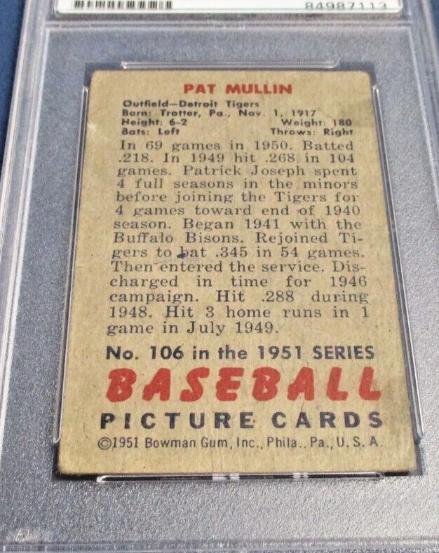 Pat Mullin Detroit Tigers Autographed Signed 1951 Bowman Card #106 PSA Slab