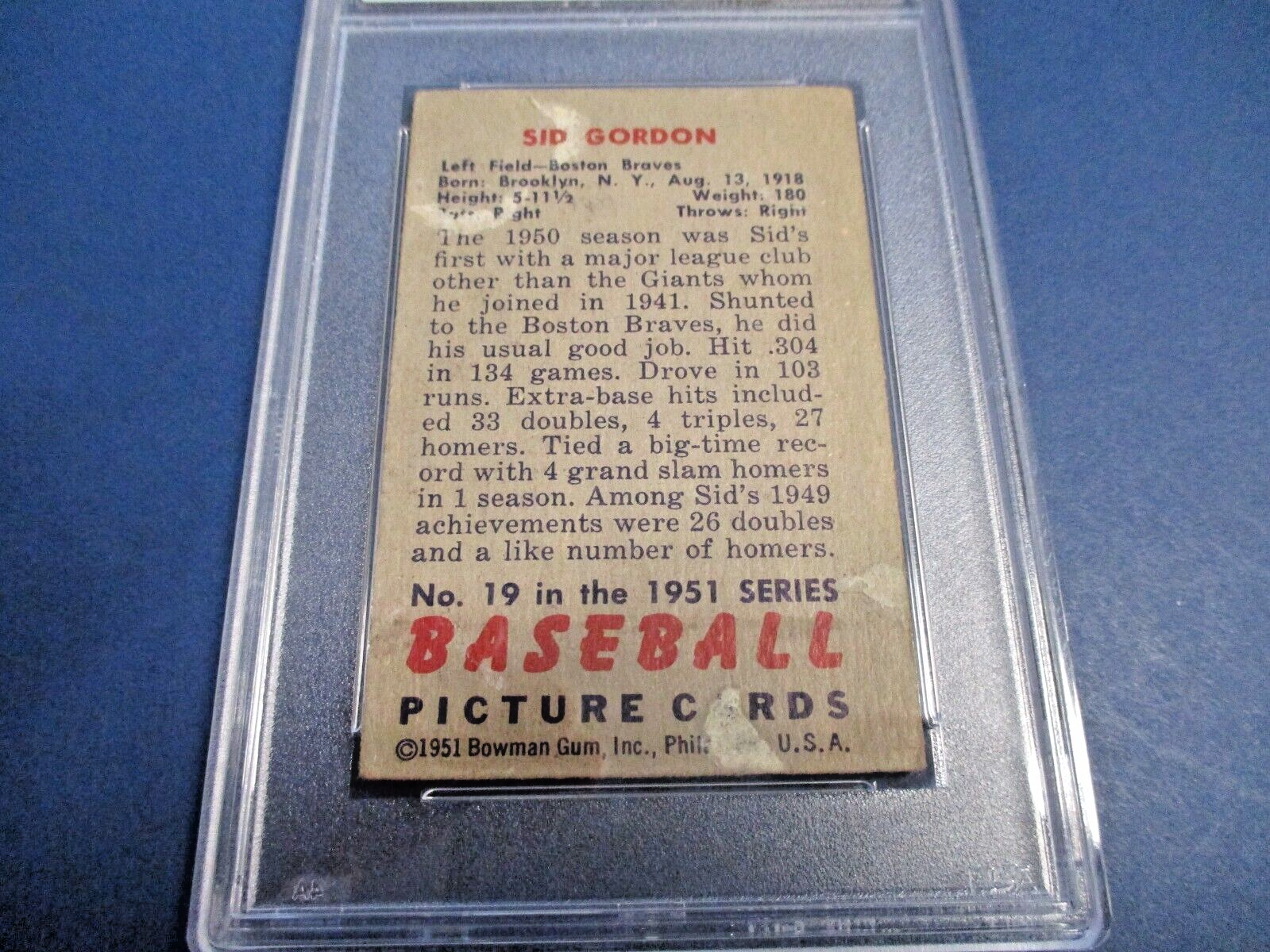 Sid Gordon Boston Braves Autographed Signed 1951 Bowman Card #19 PSA Slab