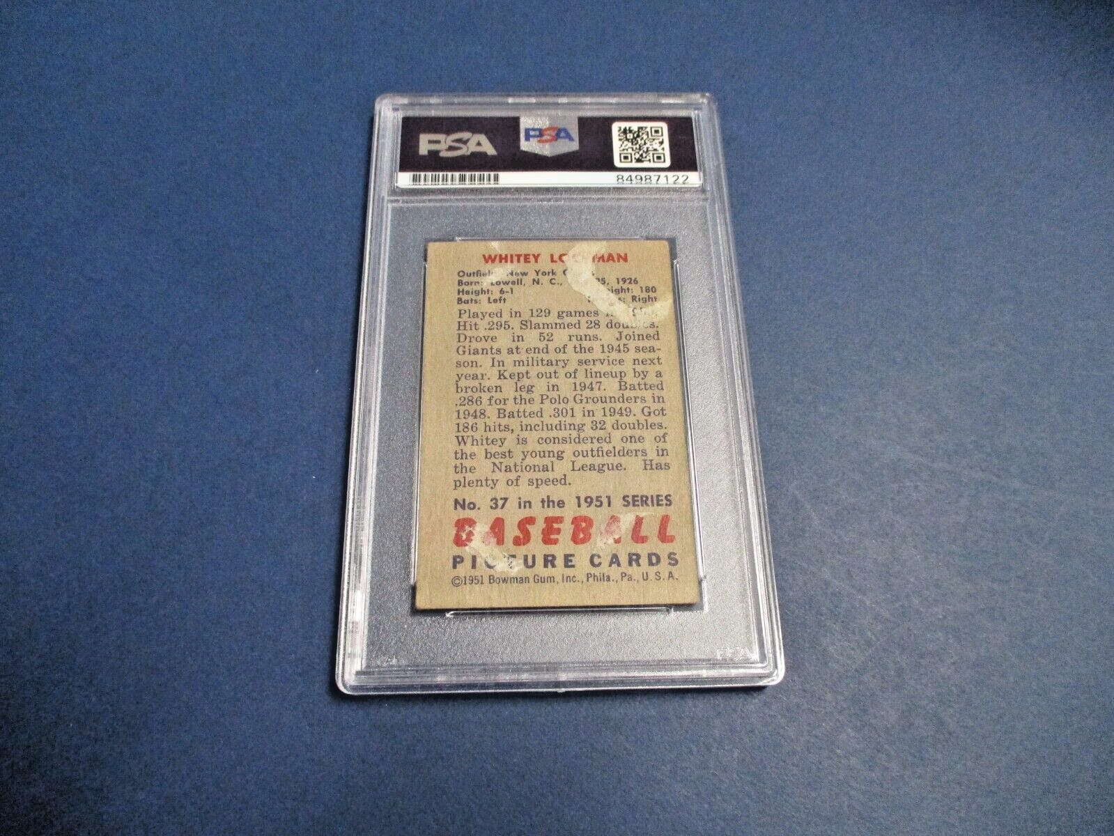 MLB Whitey Lockman Giants Autographed Signed 1951 Bowman Card #37 PSA Slab