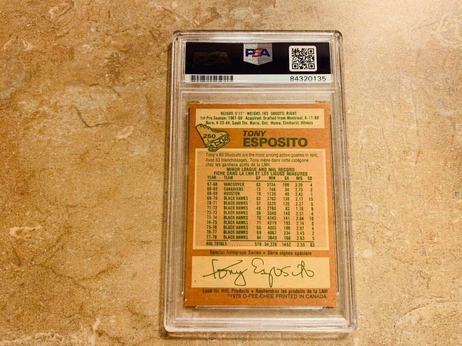 Tony Esposito Blackhawks Autographed O-PEE-CHEE Card PSA Slabbed Certified