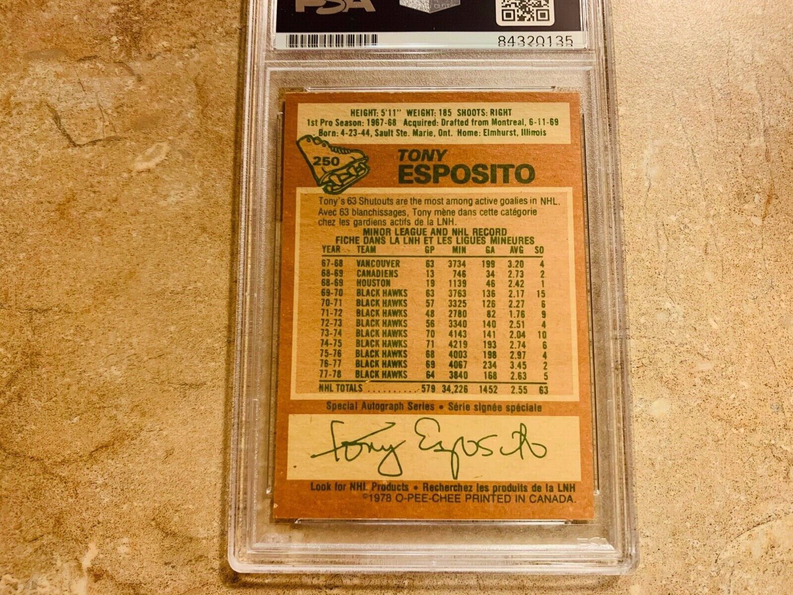 Tony Esposito Blackhawks Autographed O-PEE-CHEE Card PSA Slabbed Certified