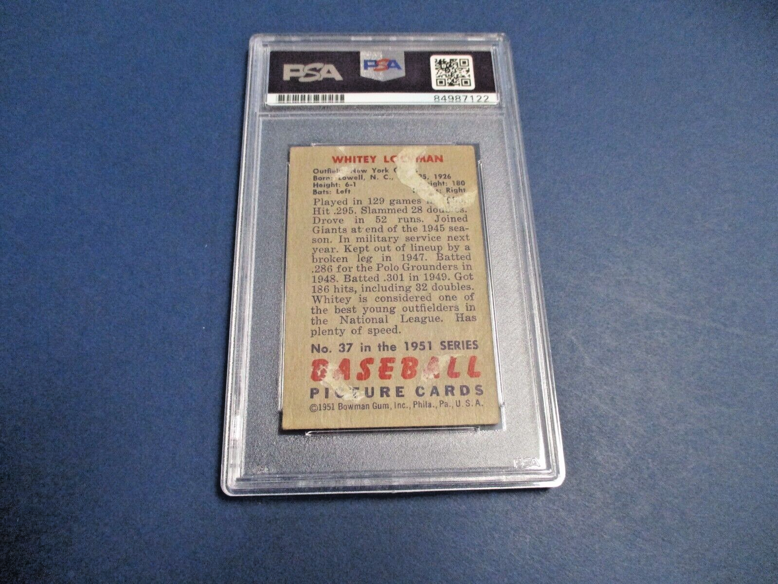 MLB Whitey Lockman Giants Autographed Signed 1951 Bowman Card #37 PSA Slab