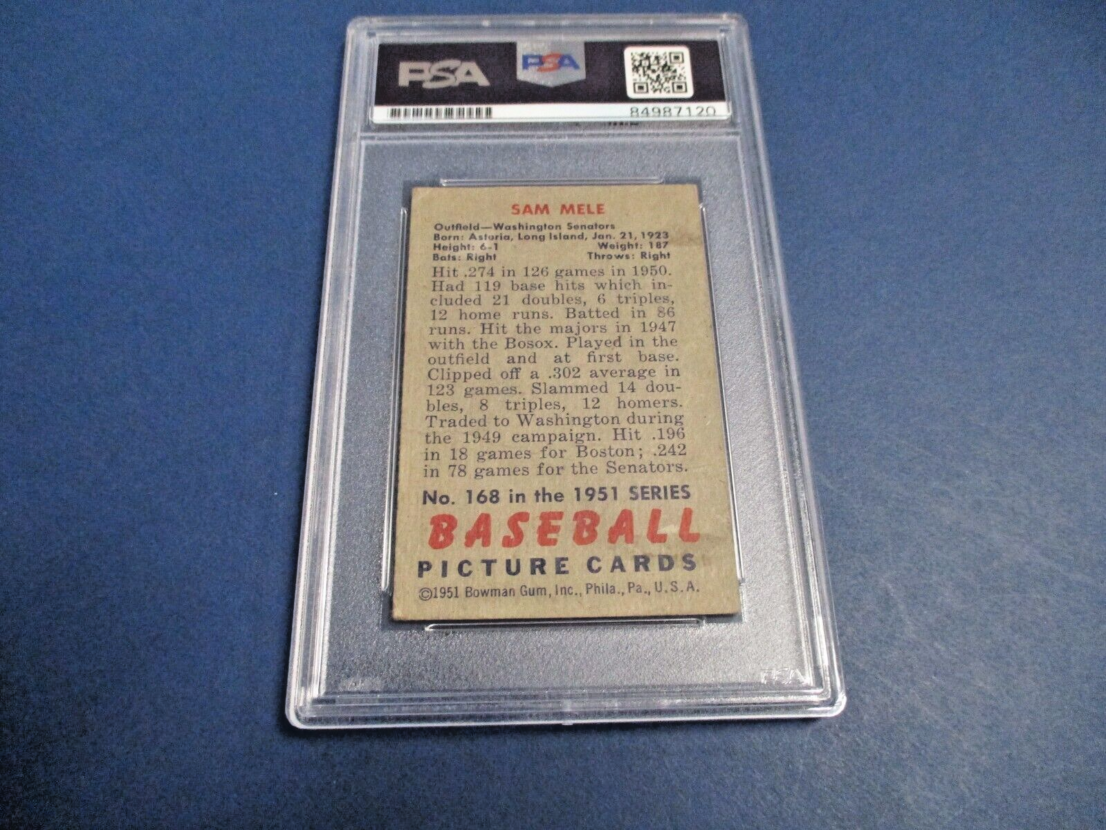 Sam Mele Washington Autographed Signed 1951 Bowman Card #168 PSA Slab