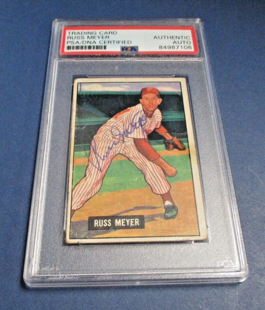 Russ Meyer Phillies Autographed Signed 1951 Bowman Card #75 PSA Slab