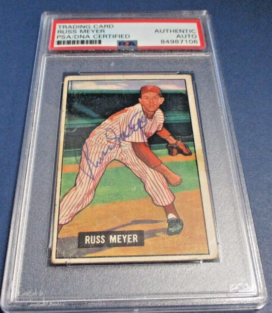 Russ Meyer Phillies Autographed Signed 1951 Bowman Card #75 PSA Slab