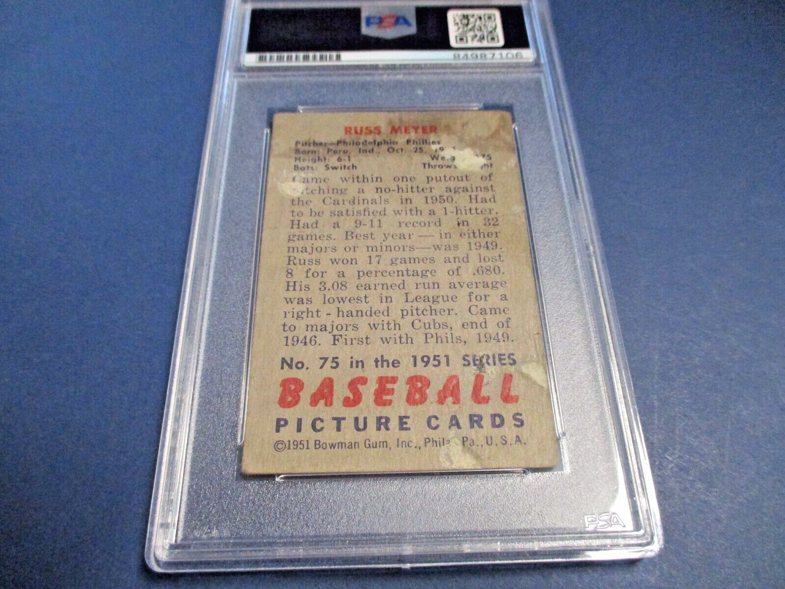 Russ Meyer Phillies Autographed Signed 1951 Bowman Card #75 PSA Slab