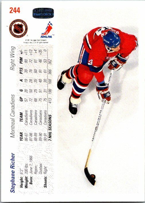 Stephane Richer Montreal Canadien Hand Signed 1991-92 UD Hockey Card #244 NM-MT