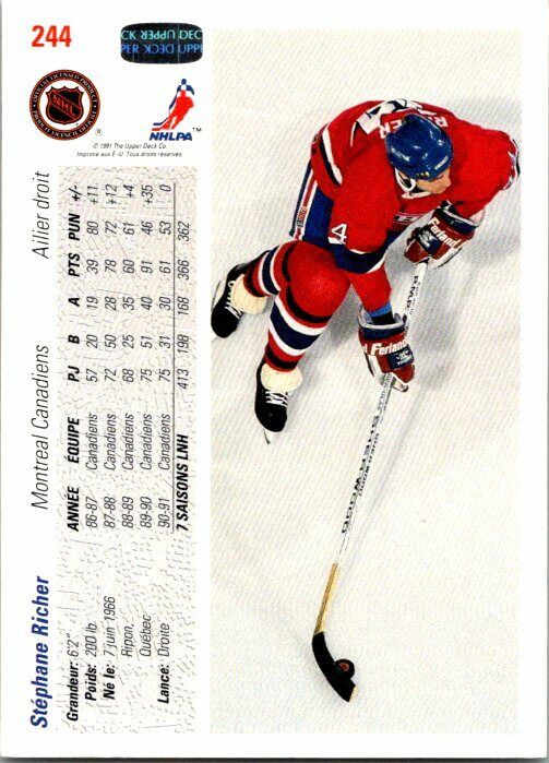 Stephane Richer Montreal Canadien Hand Signed 1991-92 UD Hockey Card #244 NM-MT