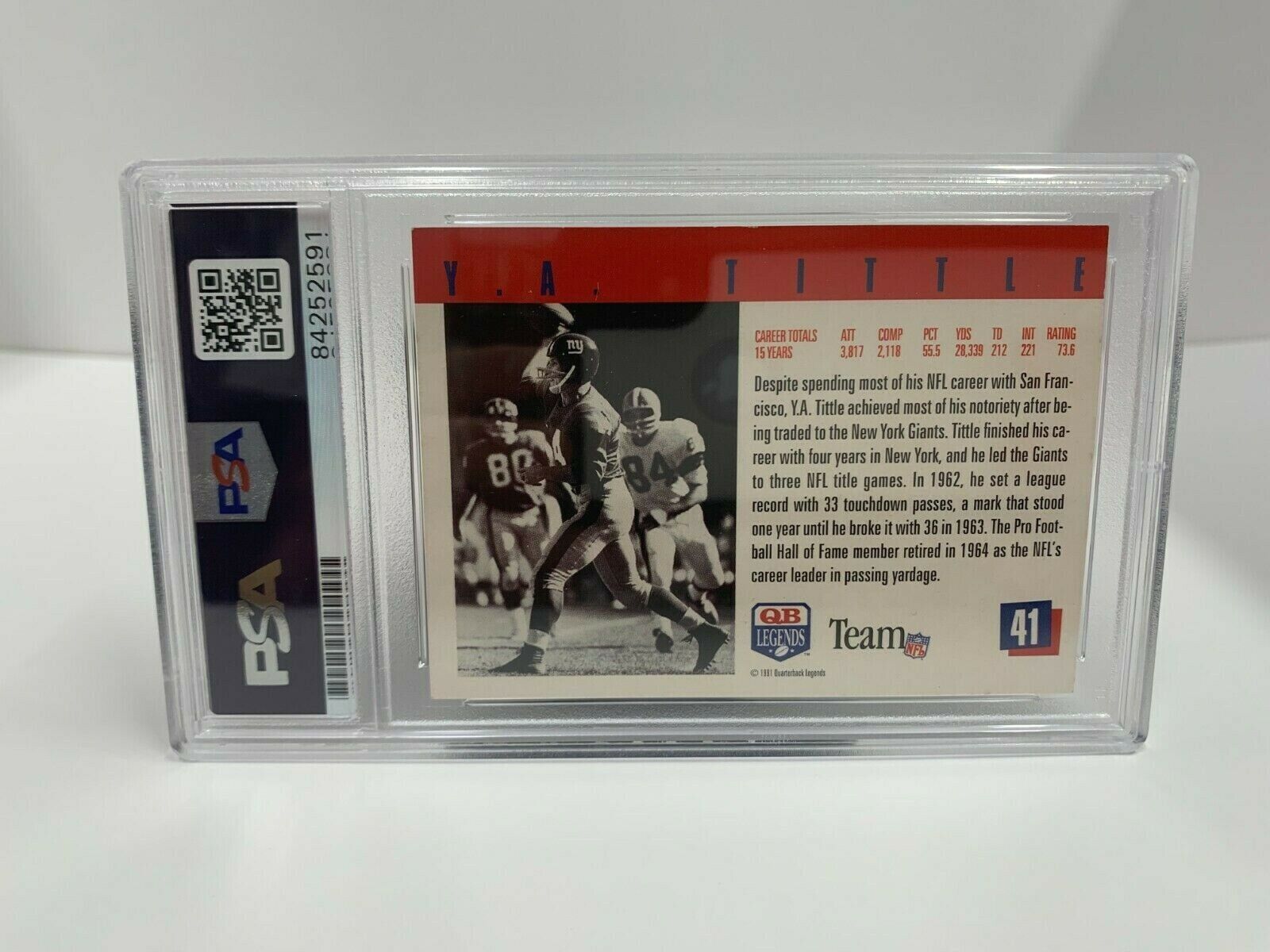 YA Tittle Giants Autographed Signed 1991 QB Legends Card PSA Certified Slabbed