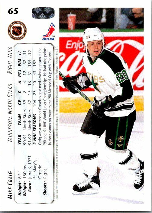 Mike Craig North Minnesota Stars Hand Signed 1992-93 UD Hockey Card #65 NM-MT