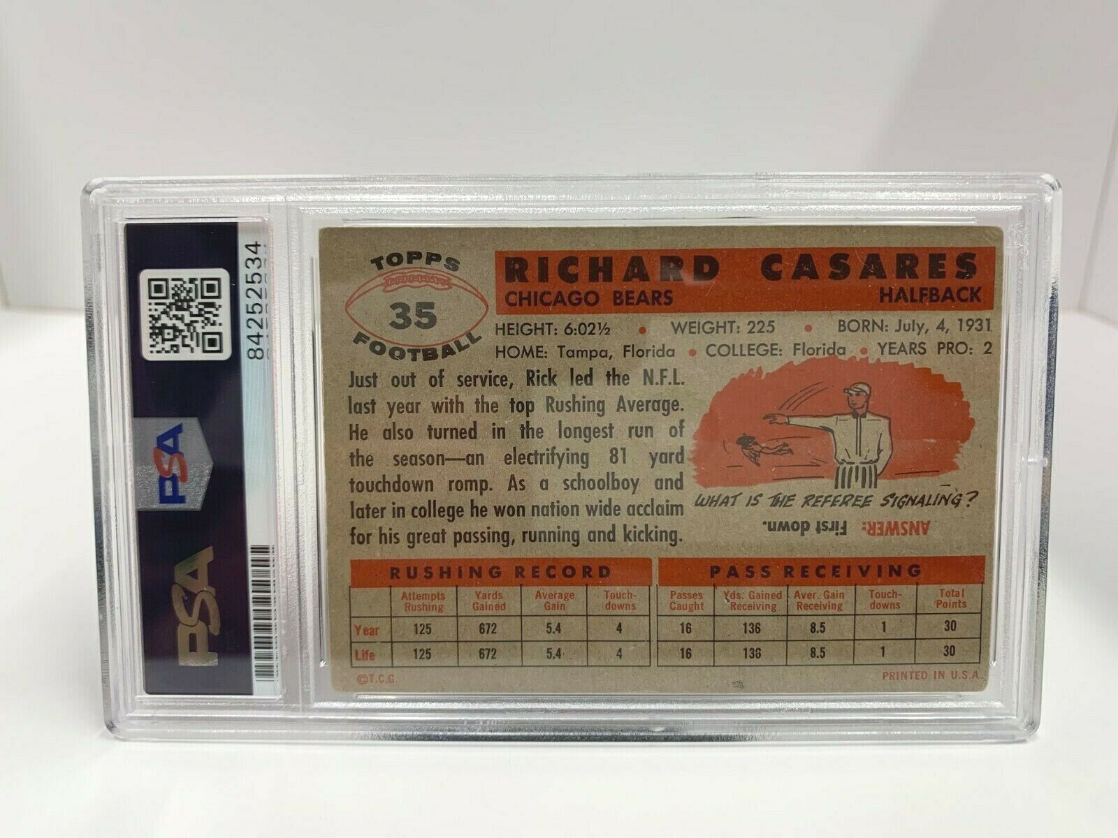 Rick Casares Autographed Signed 1956 Topps Football Card PSA Certified Slabbed