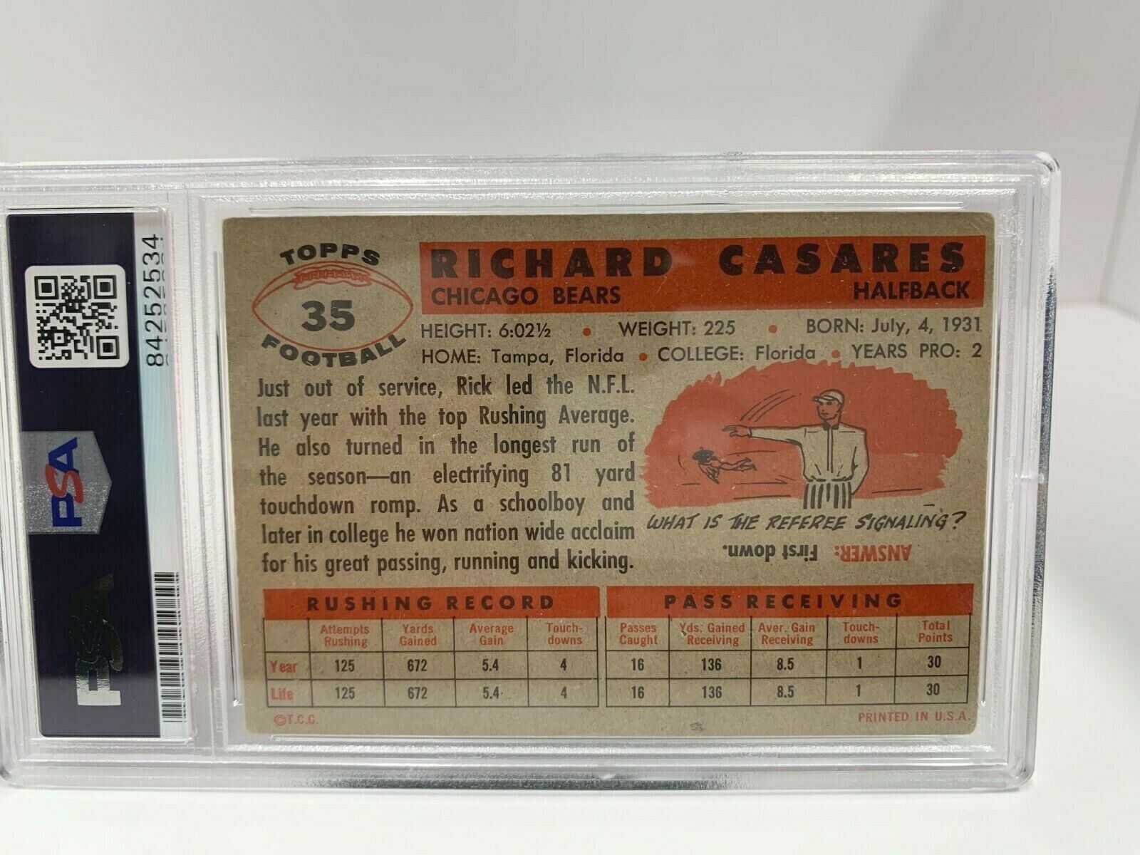 Rick Casares Autographed Signed 1956 Topps Football Card PSA Certified Slabbed