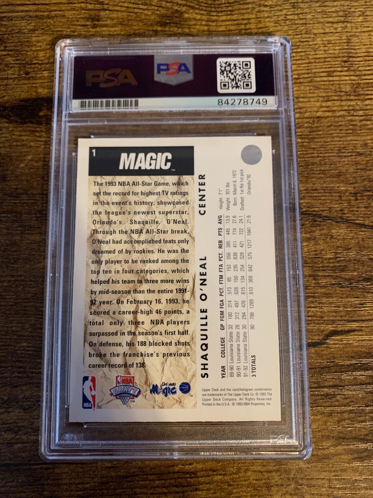 Shaquille ONeal Autographed 1992 UD Draft Pick NBA Card PSA Certified Slabbed