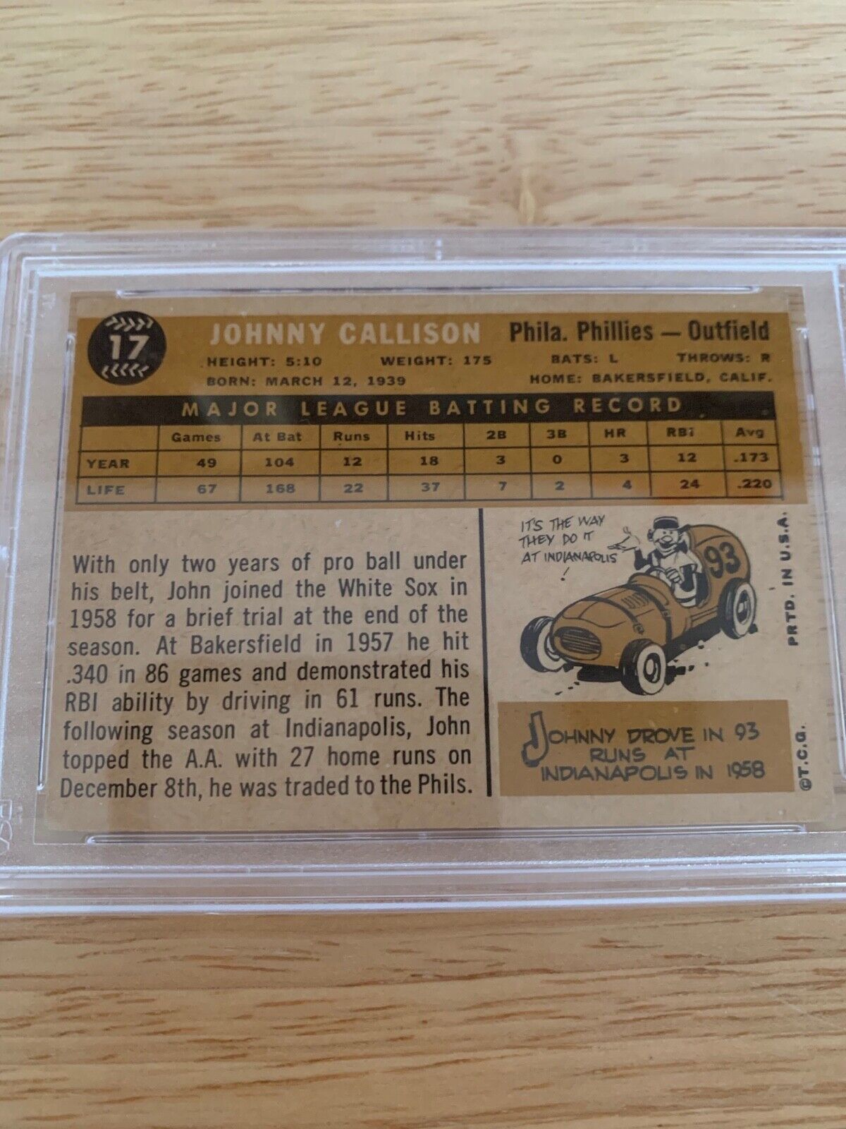 Johnny Callison Autographed 1960 Topps Baseball Card PSA Certified Slabbed