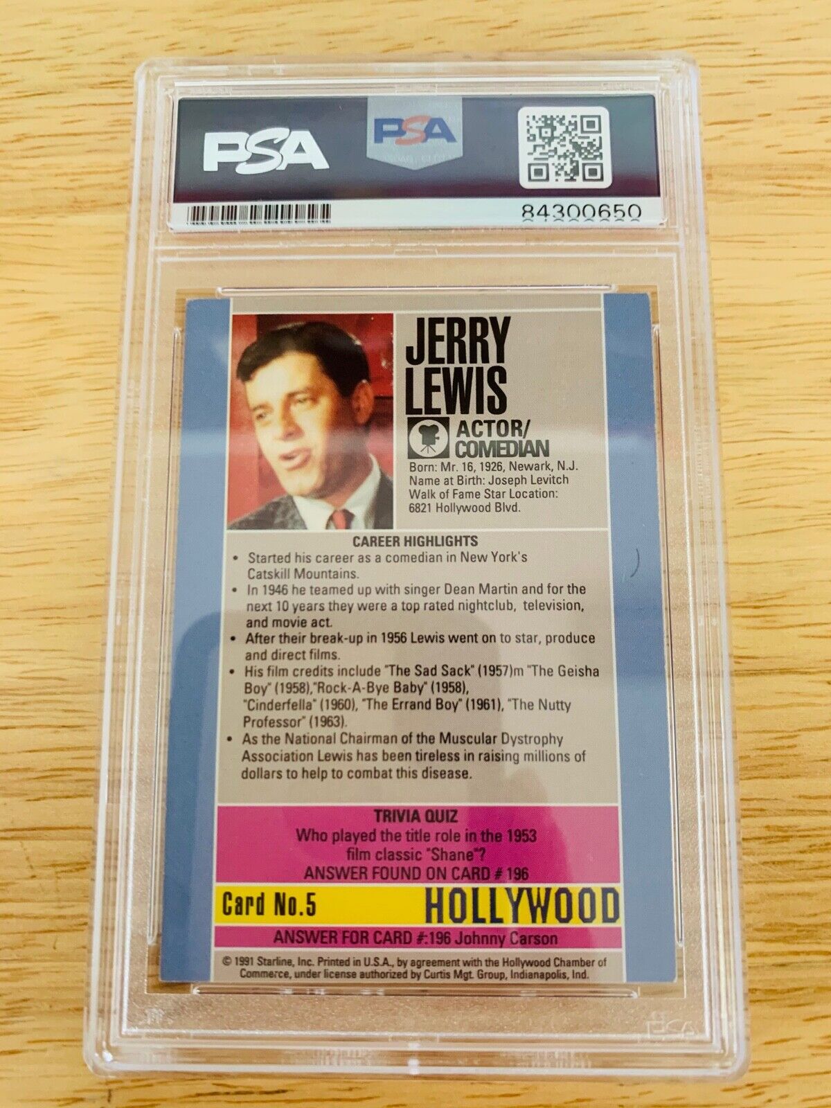 Jerry Lewis Autographed 1991 Starline Hollywood Card PSA Certified Slabbed