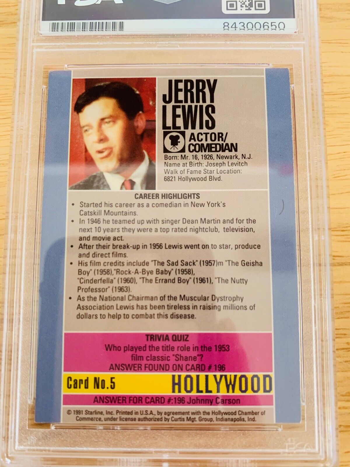 Jerry Lewis Autographed 1991 Starline Hollywood Card PSA Certified Slabbed