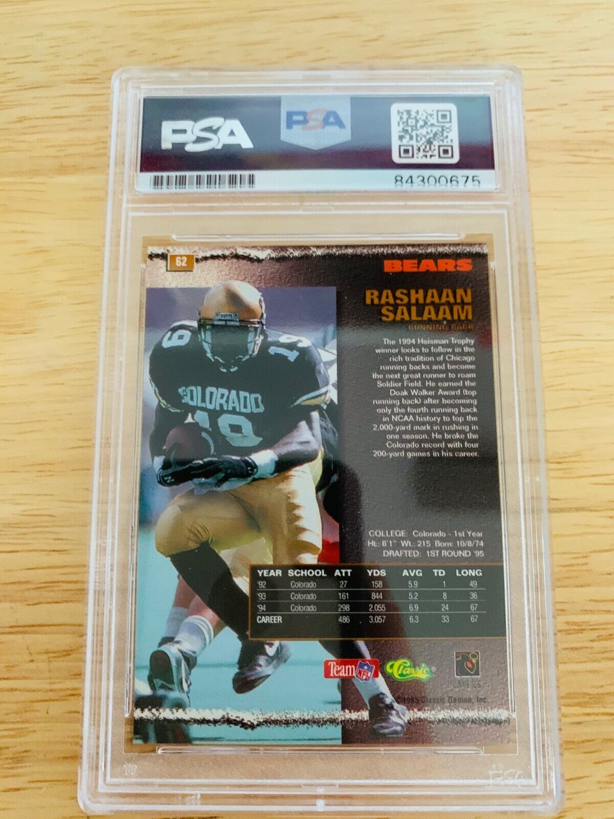 Rashaan Salaam Autographed 1995 NFL Rookie Classic Card PSA Certified Slabbed