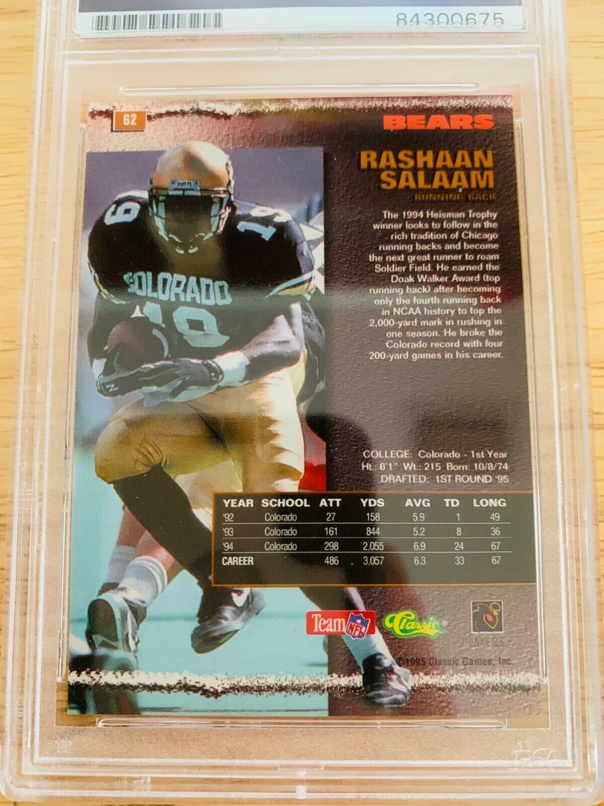 Rashaan Salaam Autographed 1995 NFL Rookie Classic Card PSA Certified Slabbed