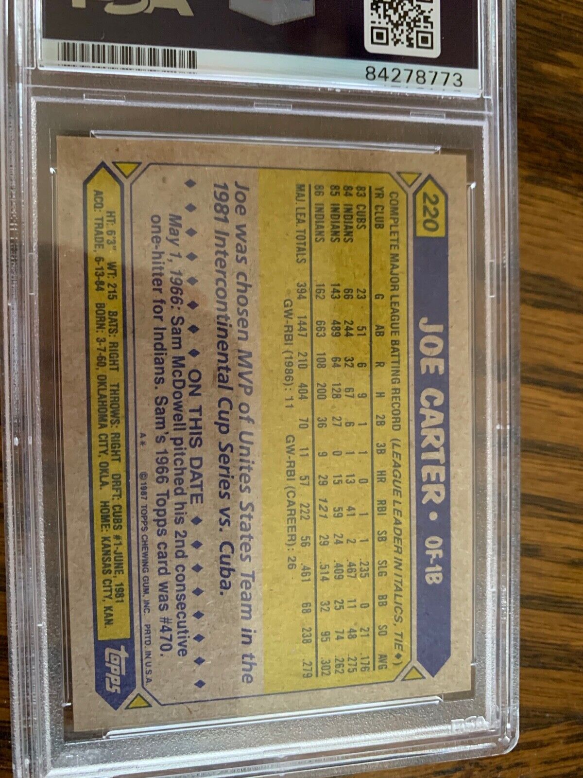 Joe Carter Autographed Signed 1987 Topps Card #220 PSA Slabbed Certified MLB