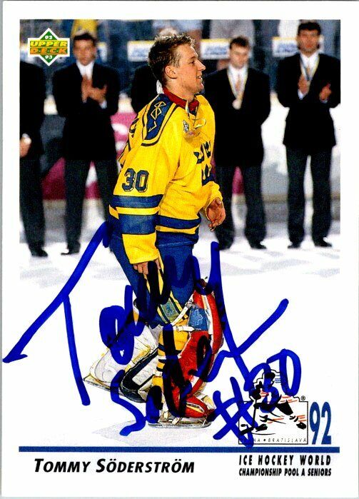 Tommy Soderstrom Sweden Hand Signed 1992-93 Upper Deck Hockey Card #377 NM-MT