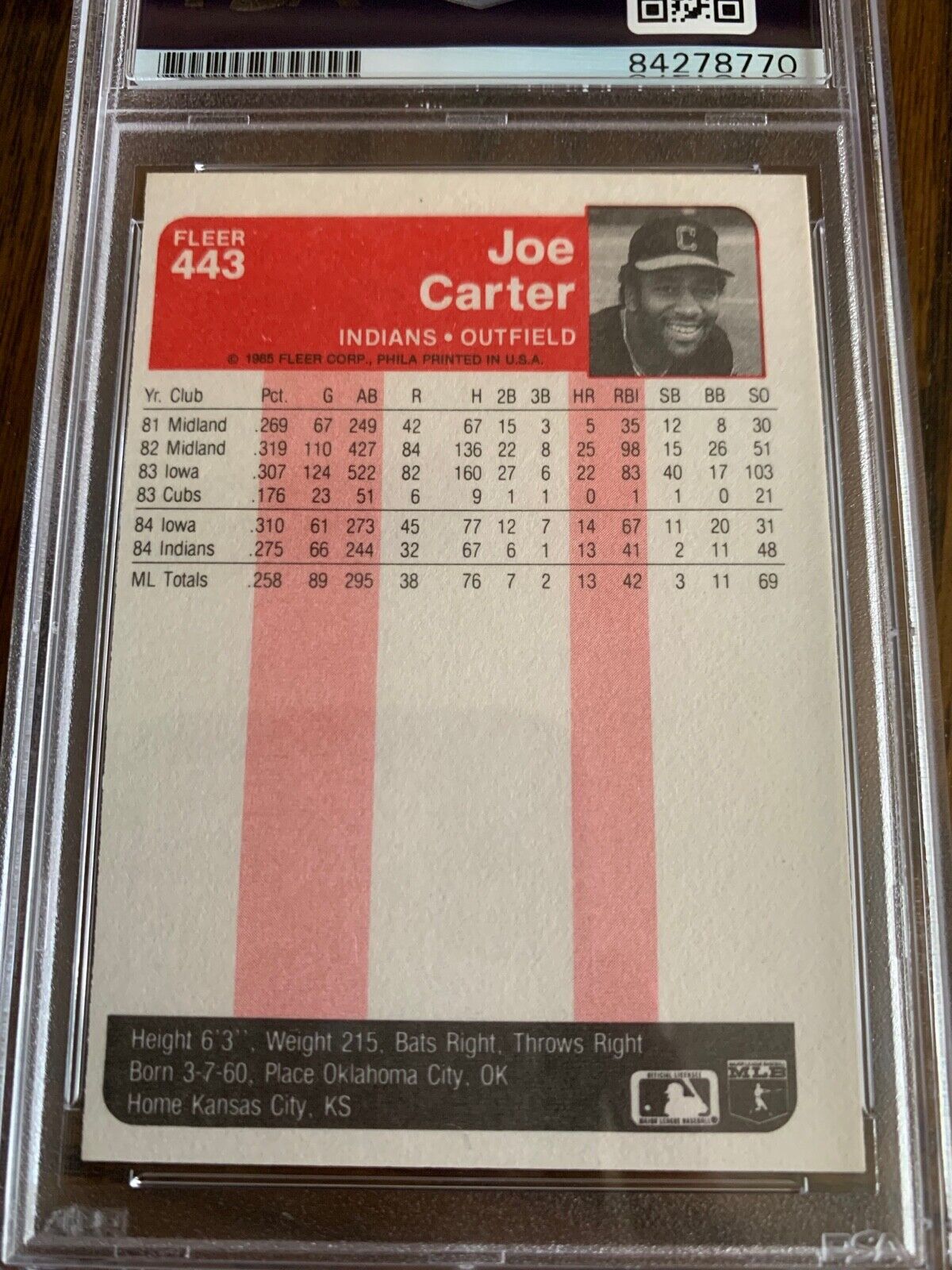 Joe Carter Autographed Signed 1985 Fleer Card #443 PSA Slabbed Certified MLB