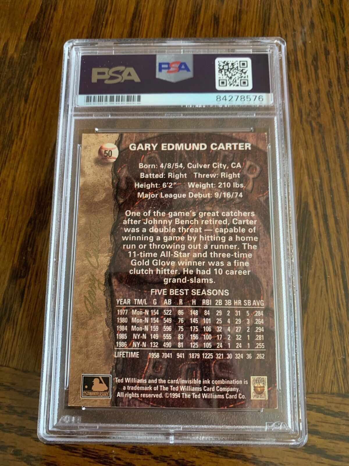 Gary Carter Autographed Signed Ted Williams Card Com. #50 PSA Slabbed Certified