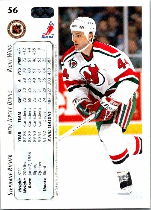 Stephane Richer New Jersey Devils Hand Signed 1992-93 UD Hockey Card #56 NM-MT