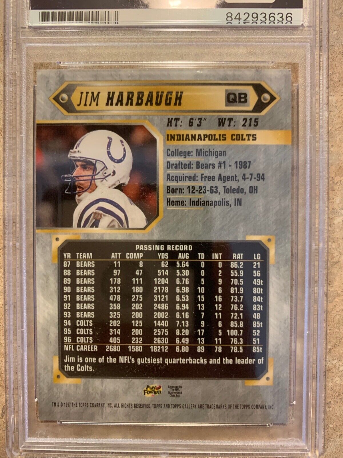 Jim Harbaugh Autographed 1997 Topps Gallery Card #114 PSA Certified & Slabbed