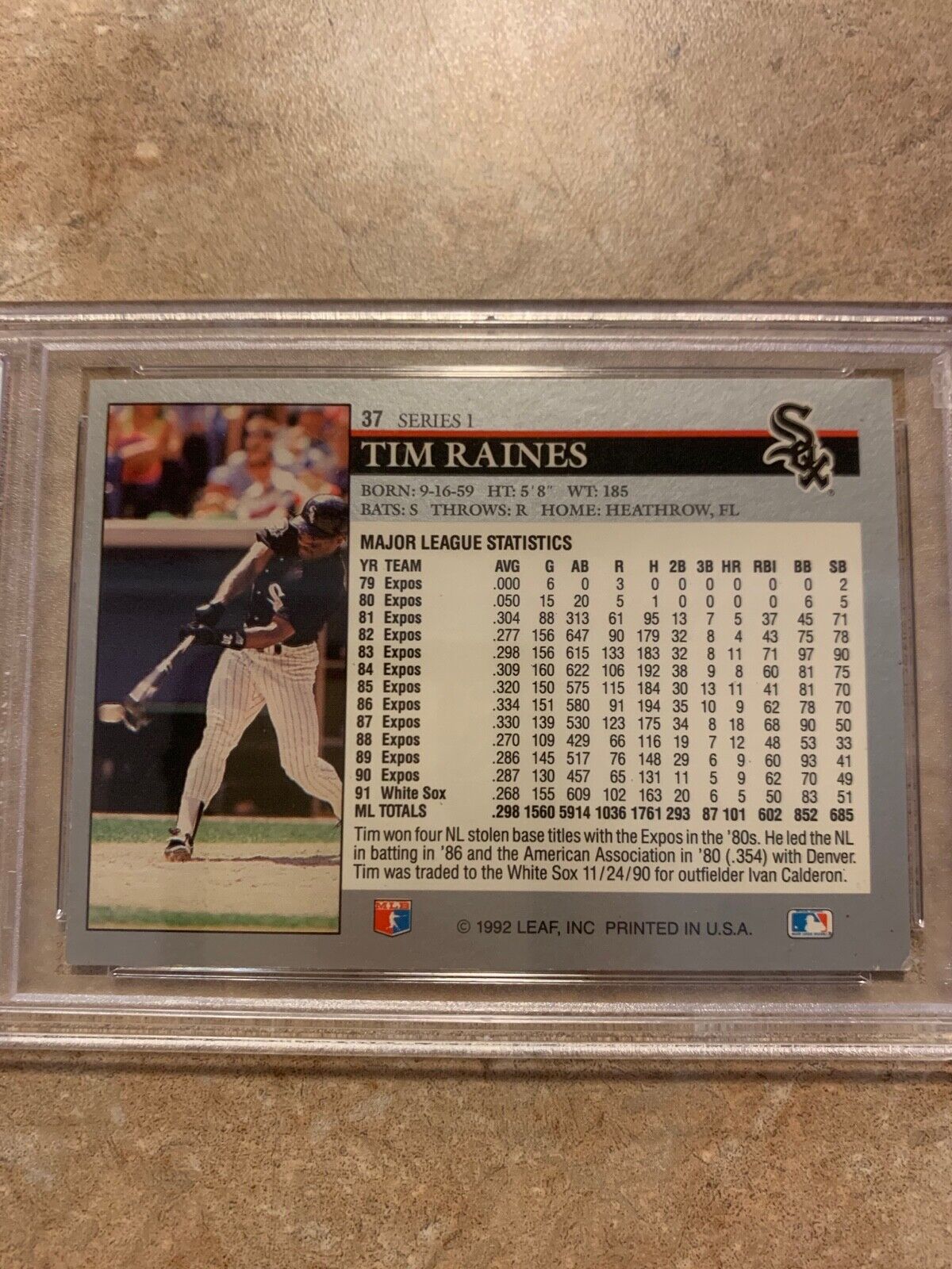 Tim Raines Autographed 1992 Leaf Baseball Card #37 PSA Certified & Slabbed