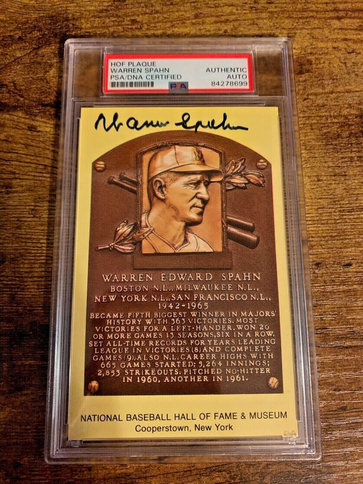 Warren Spahn Autographed Hall of Fame Yellow Baseball Card PSA Slabbed Cert. #2