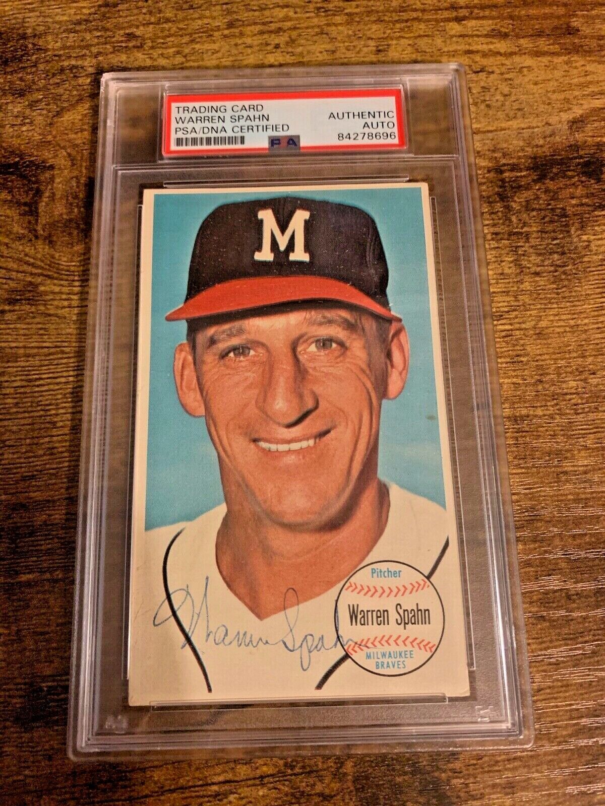 Warren Spahn Braves Autographed 1964 Topps Giant Baseball Card PSA Slabbed Cert